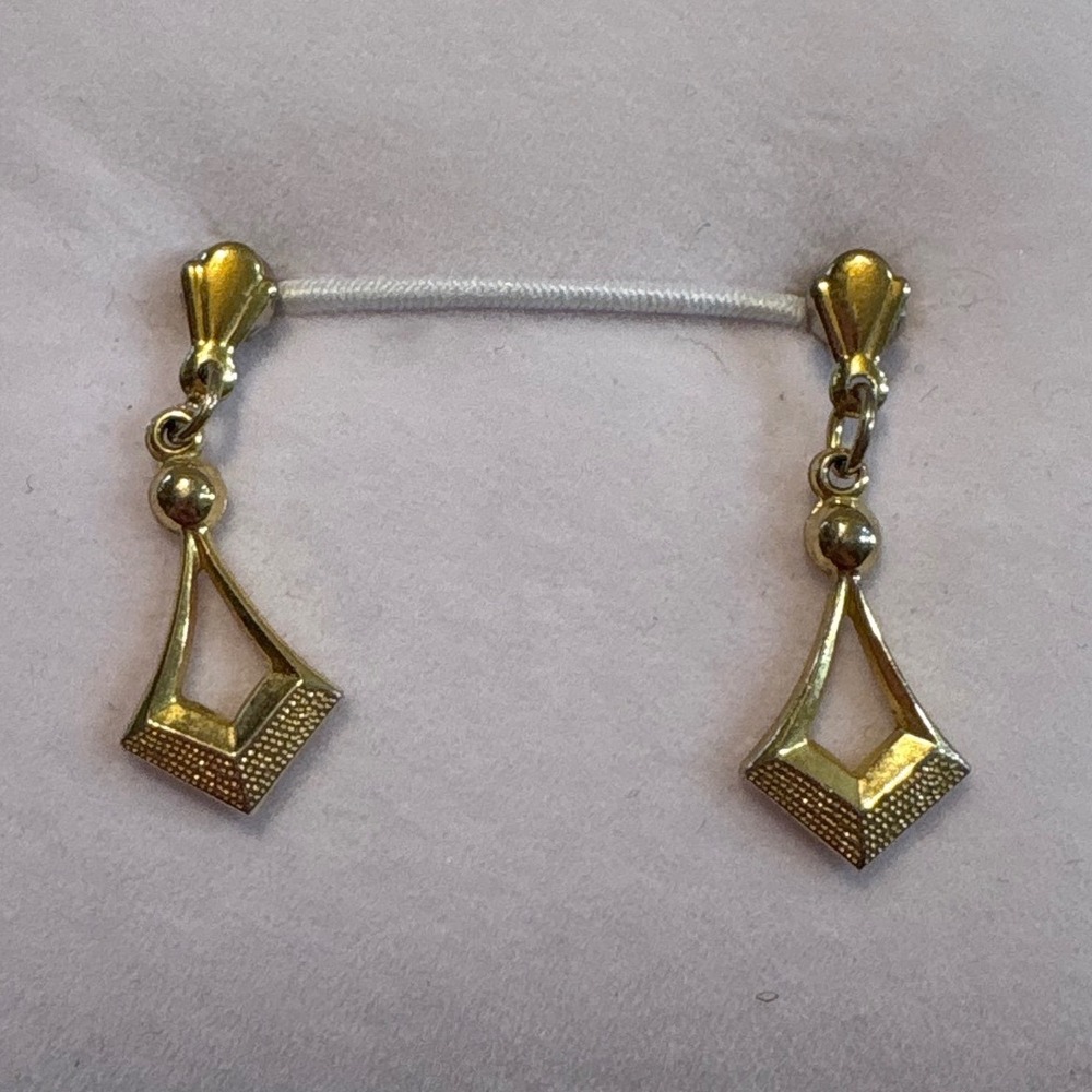 1960s Gold Tone Geometric Open Diamond Drop Dangle Earrings Textured Finish - Picture 10 of 12